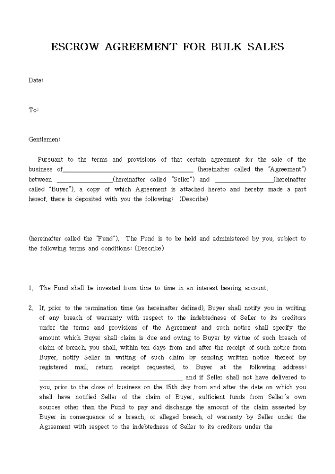 ESCROW AGREEMENT FOR BULK SALES 비즈폼 샘플,양식 다운로드