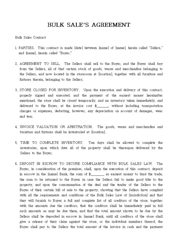 BULK SALE´S AGREEMENT 비즈폼 샘플,양식 다운로드
