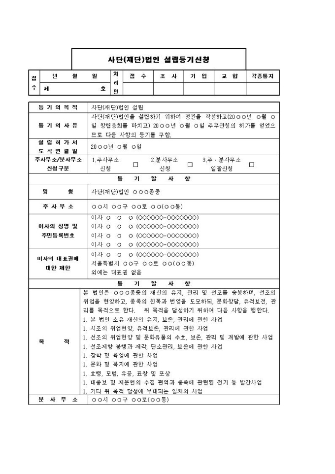 사단(재단)법인 설립등기신청서(종중의 경우) 미리보기
