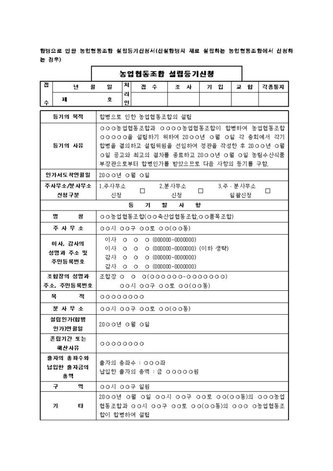 합병으로 인한 농업협동조합 설립등기신청서(신설합병시 새로 설립하는 농업협동조합에서 신청하는 경우) 미리보기