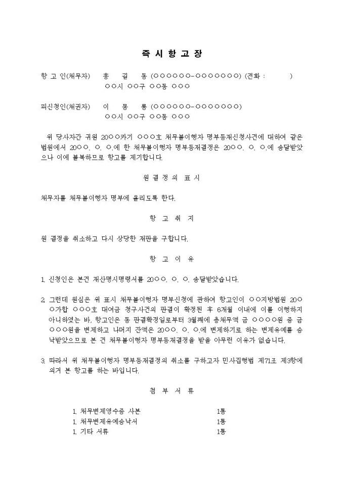 채무불이행자 명부등재결정에 대한 즉시항고장 미리보기