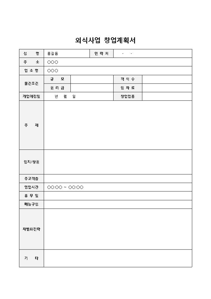창업 사업계획서(외식사업) 미리보기