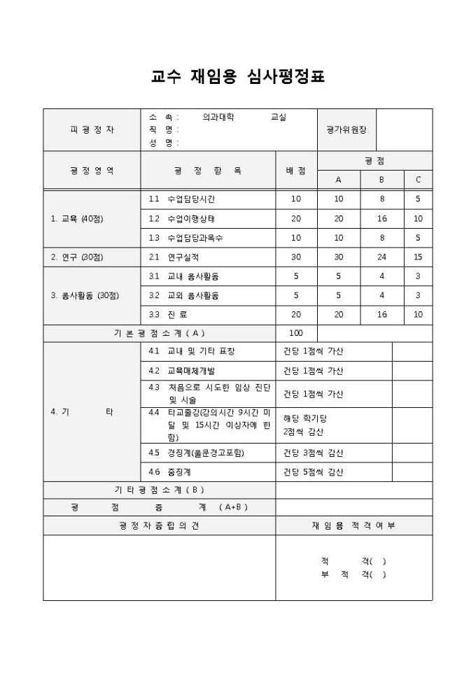 교수 재임용 심사평정표 미리보기
