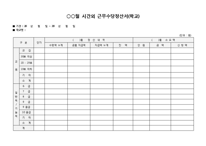 근무외수당정산서 미리보기