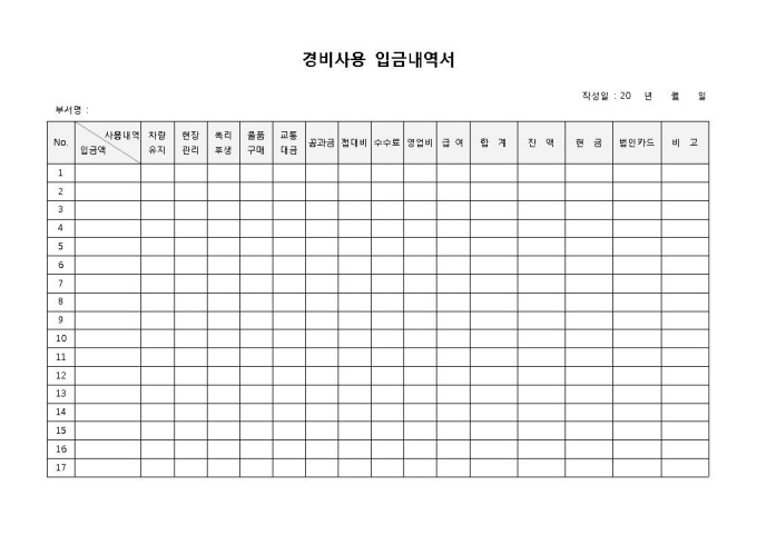 입금내역서(경비사용) 미리보기