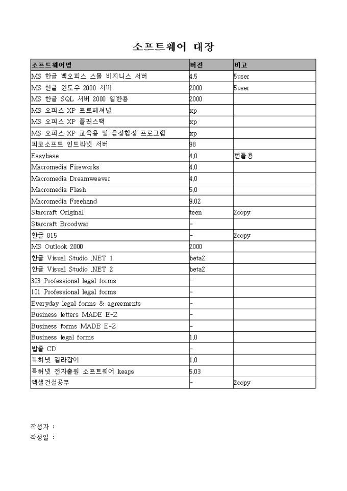 소프트웨어 관리대장 미리보기