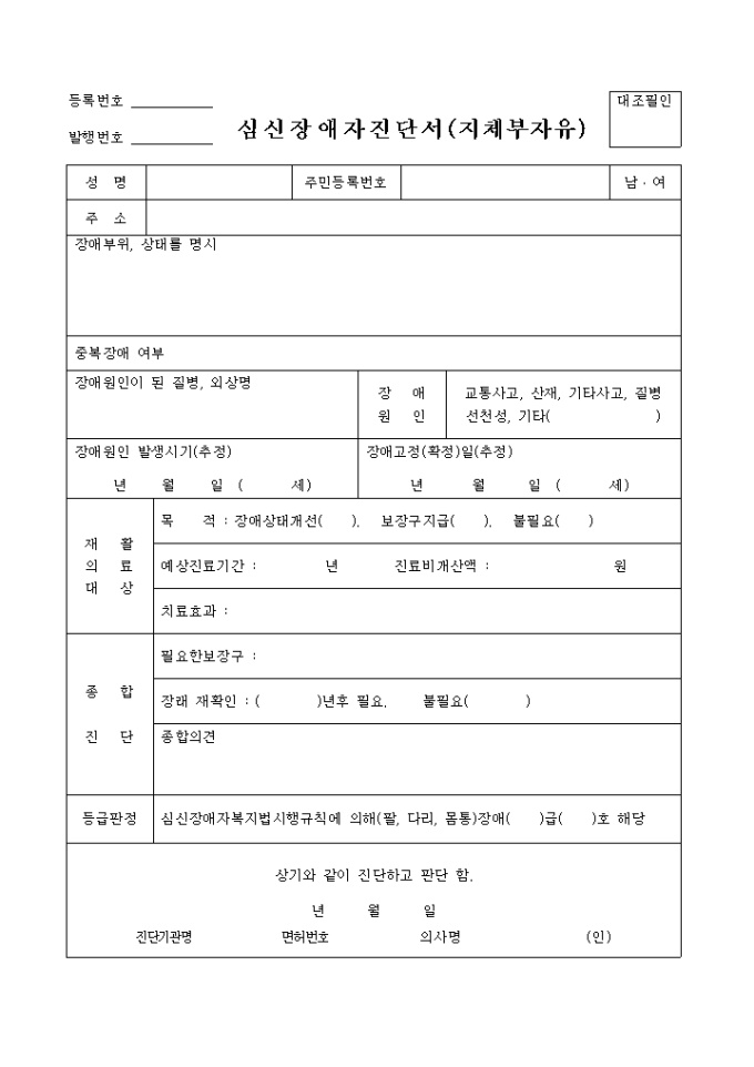 심신장애자 진단서(지체부자유) 미리보기