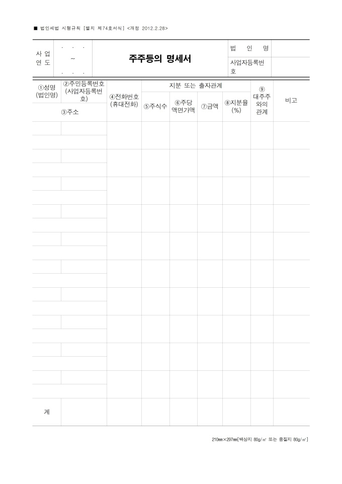 주주등의 명세서(기획재정부령 제 575호_2012.02.28) 미리보기