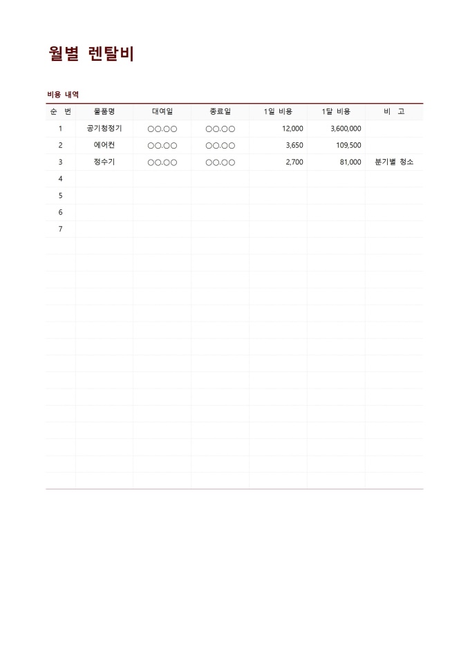 월별 렌탈비 미리보기