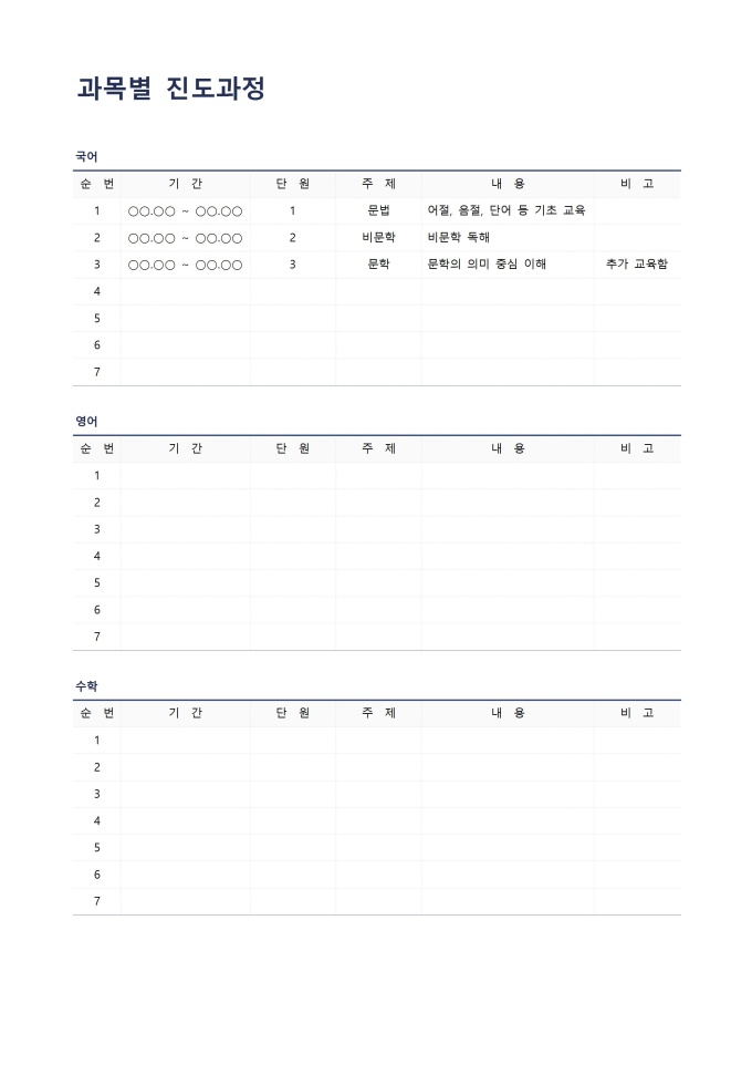 과목별 진도과정 미리보기