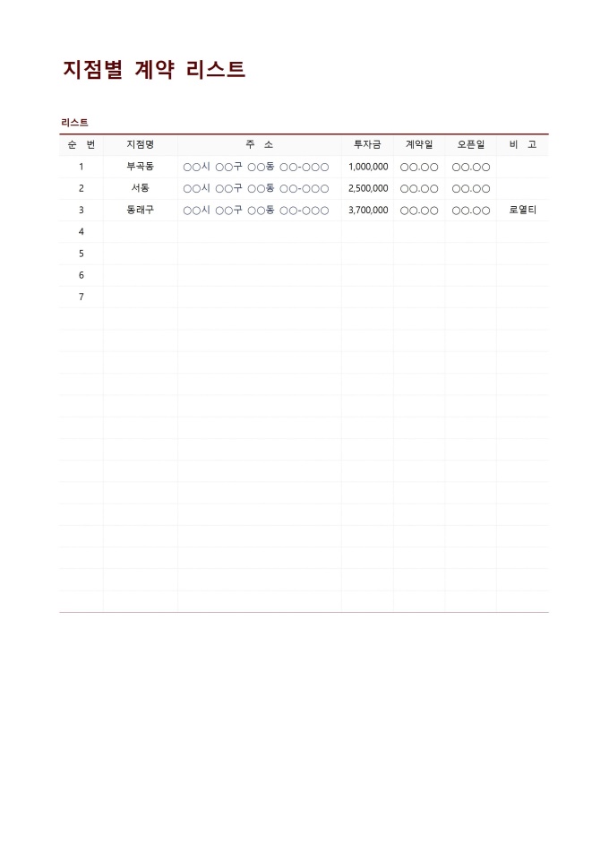 지점별 계약 리스트 미리보기