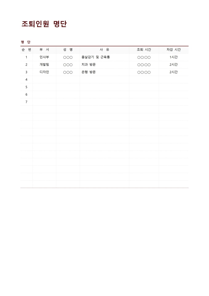 조퇴인원 명단 미리보기