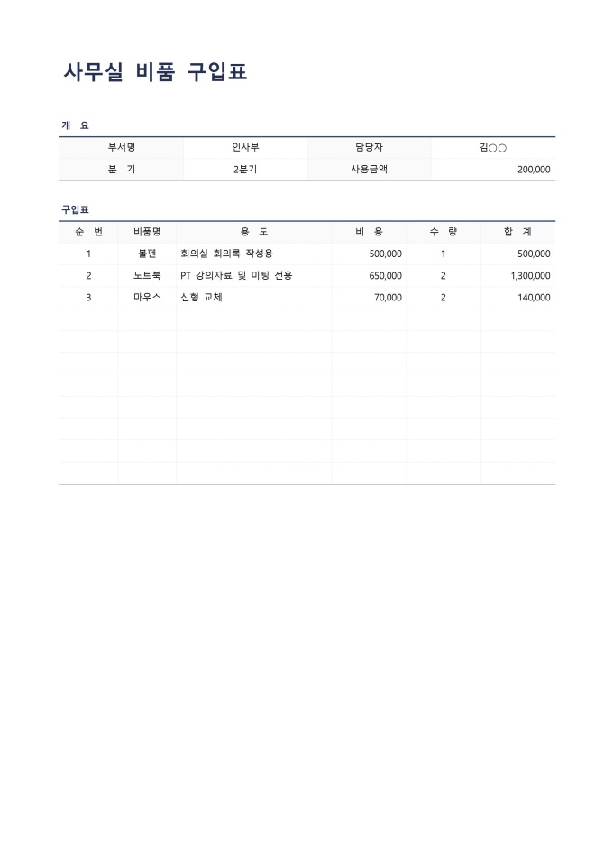 사무실 비품 구입표 미리보기