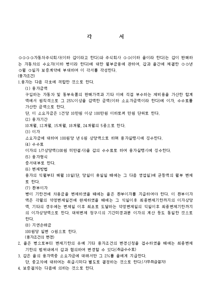판매회사와 금융기관과의 보증계약의부대각서 미리보기