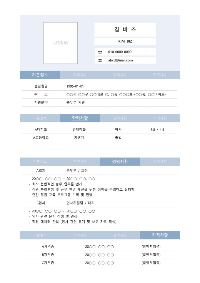 이력서(항목별 입력) 미리보기