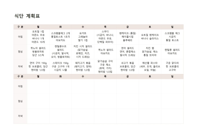 식단 계획표 미리보기