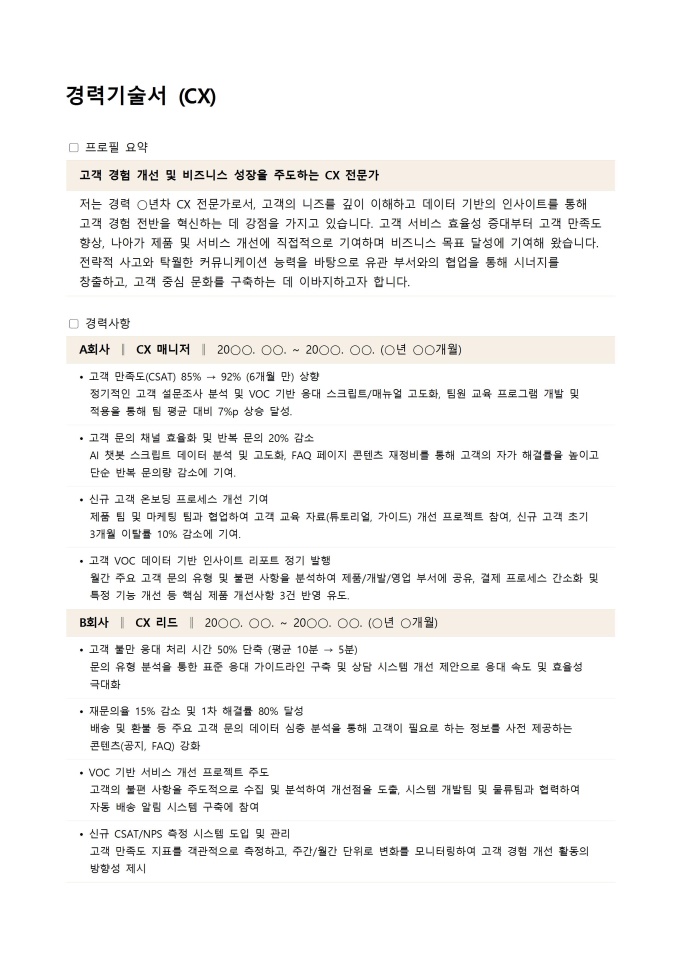 경력기술서 (CX, 고객경험관리자) 미리보기