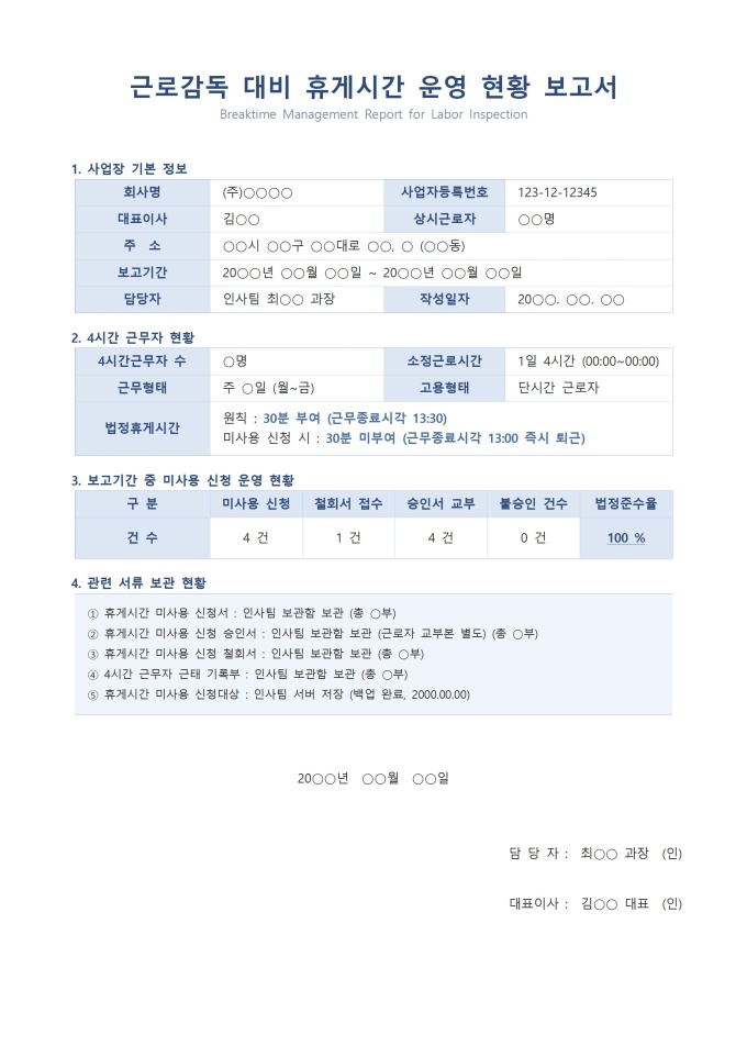 근로감독 대비 휴게시간 운영 현황 보고서 미리보기