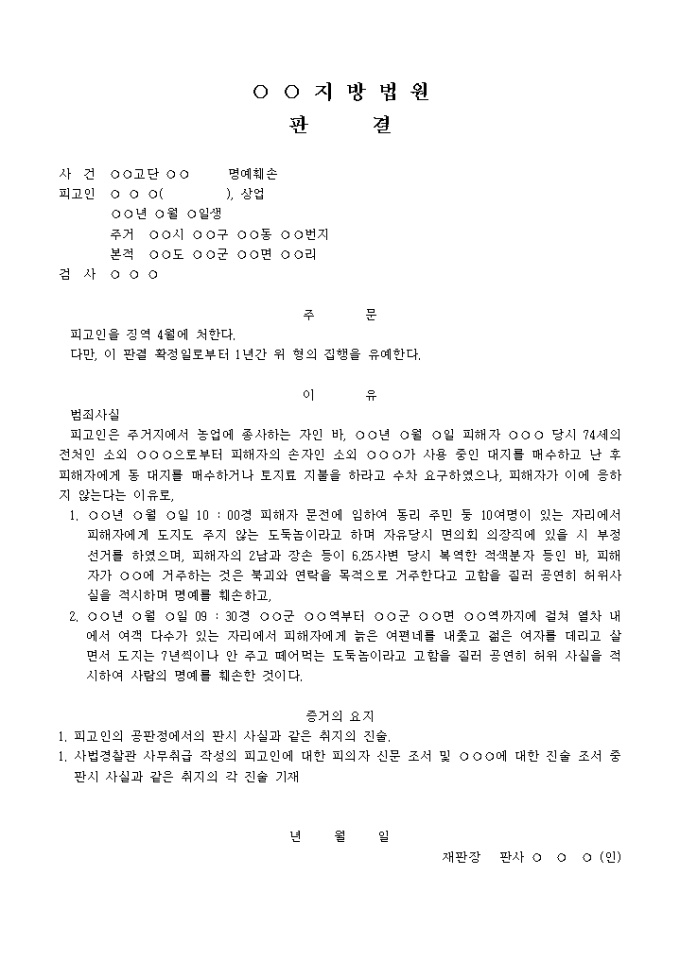 판결문(명예훼손→집행유예) 미리보기