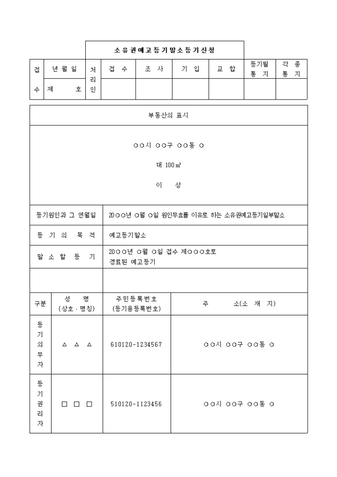 소유권예고 등기말소 등기(부동산일부)신청서 미리보기