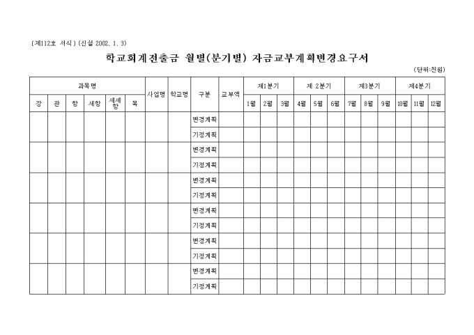월별(분기별)자금교부 계획변경요구서(학교회계전출금) 미리보기