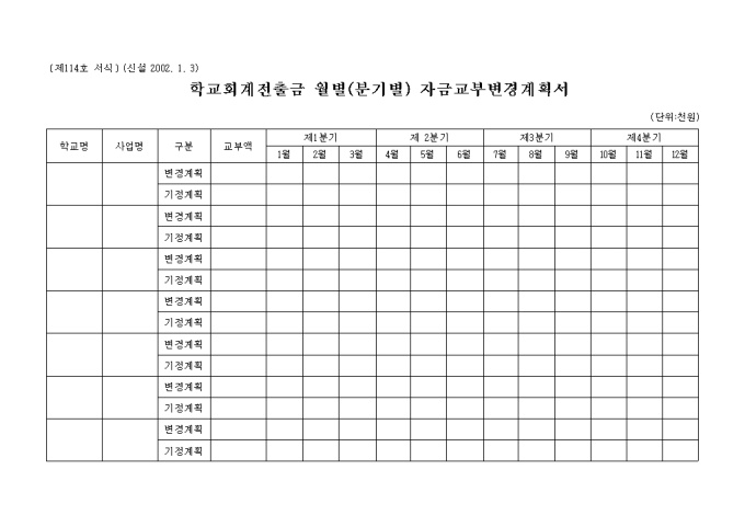 월별(분기별)자금교부변경 계획서(학교회계전출금) 미리보기