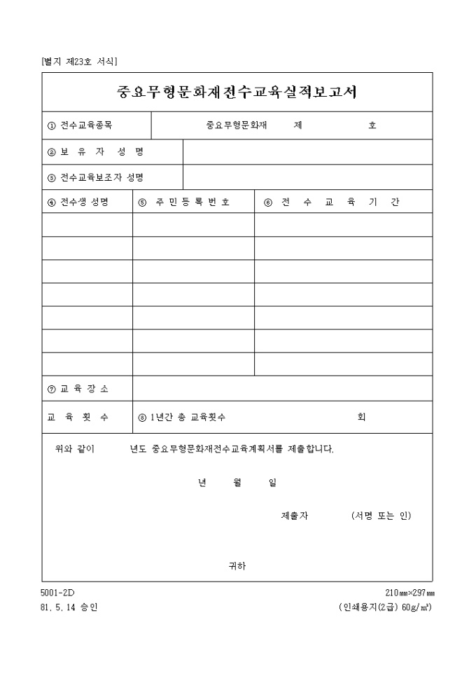 중요무형문화재전수교육실적 보고서 미리보기