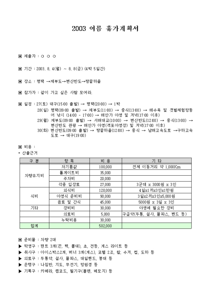 여름 휴가계획서(같이 가고싶은 사람 다모여라) 미리보기