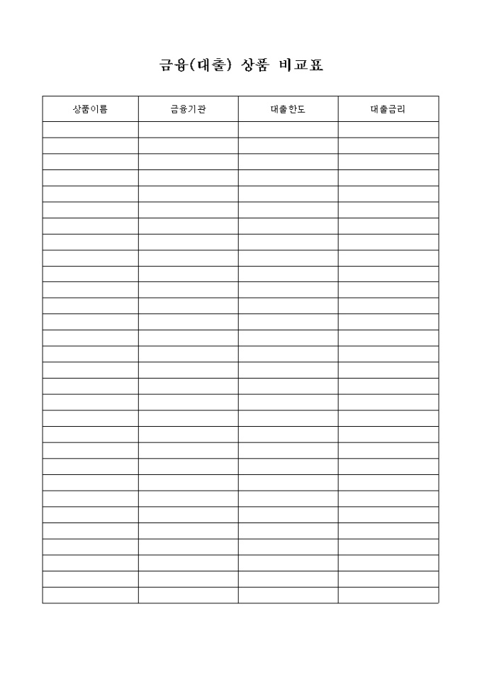 금융(대출)상품 비교표 미리보기