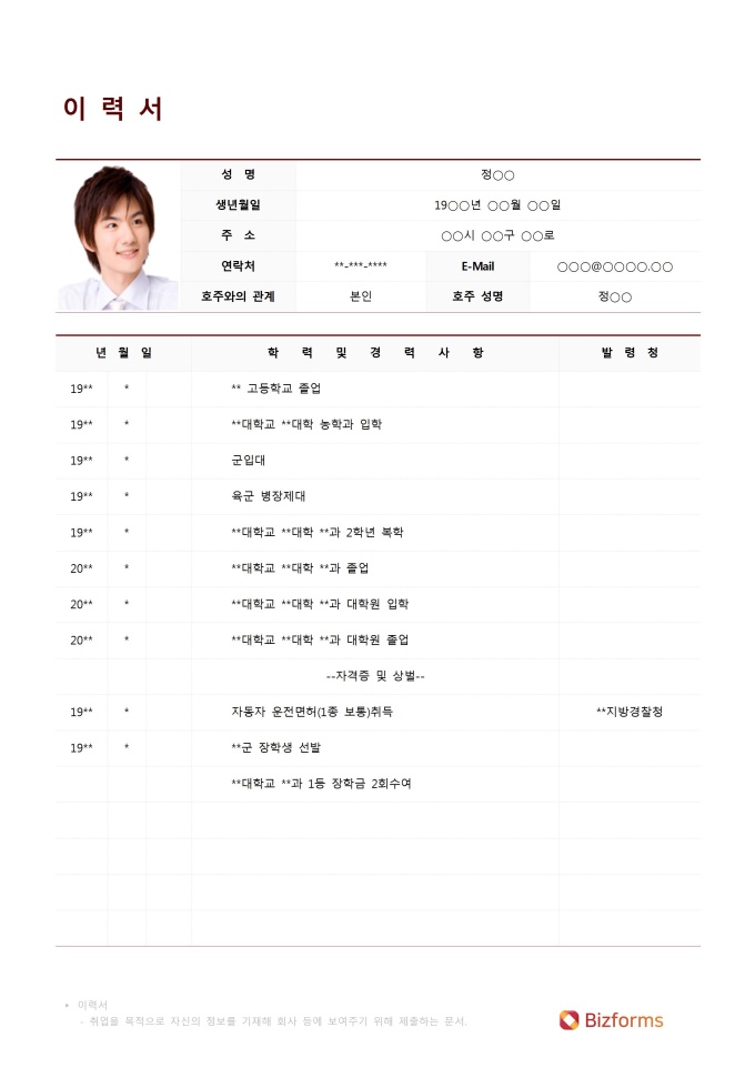 이력서(문구점용 샘플) 미리보기