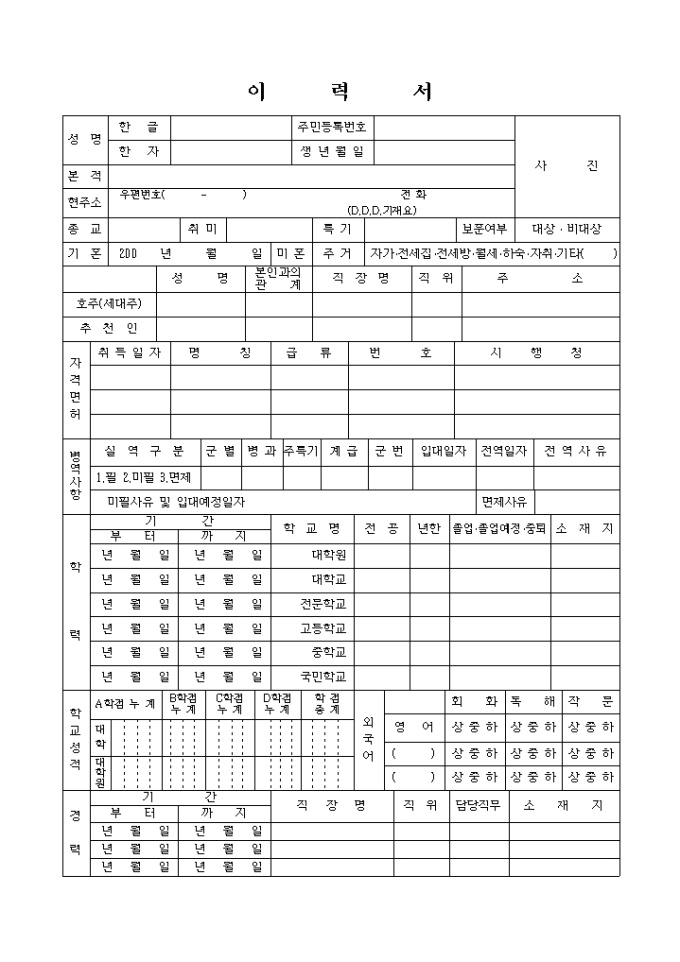 상세 이력서 양식(학교성적포함)(인턴) 미리보기