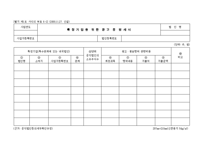 제1호의부표6.2 특정기업을위한광고등명세서(2000.11.27. 신설) 미리보기
