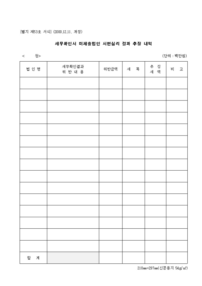 제53호 세무확인서 미제출법인 서면심리결과 추징내역(2000.12.11. 개정) 미리보기