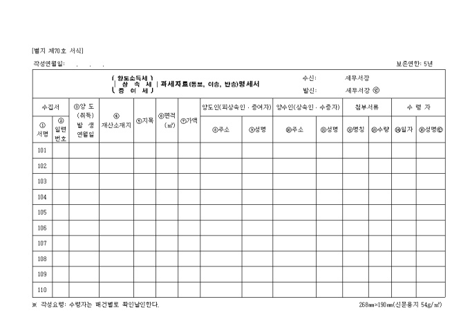제70호 양도소득세(상속세.증여세)과세자료(통보.이송.반송)명세서 미리보기