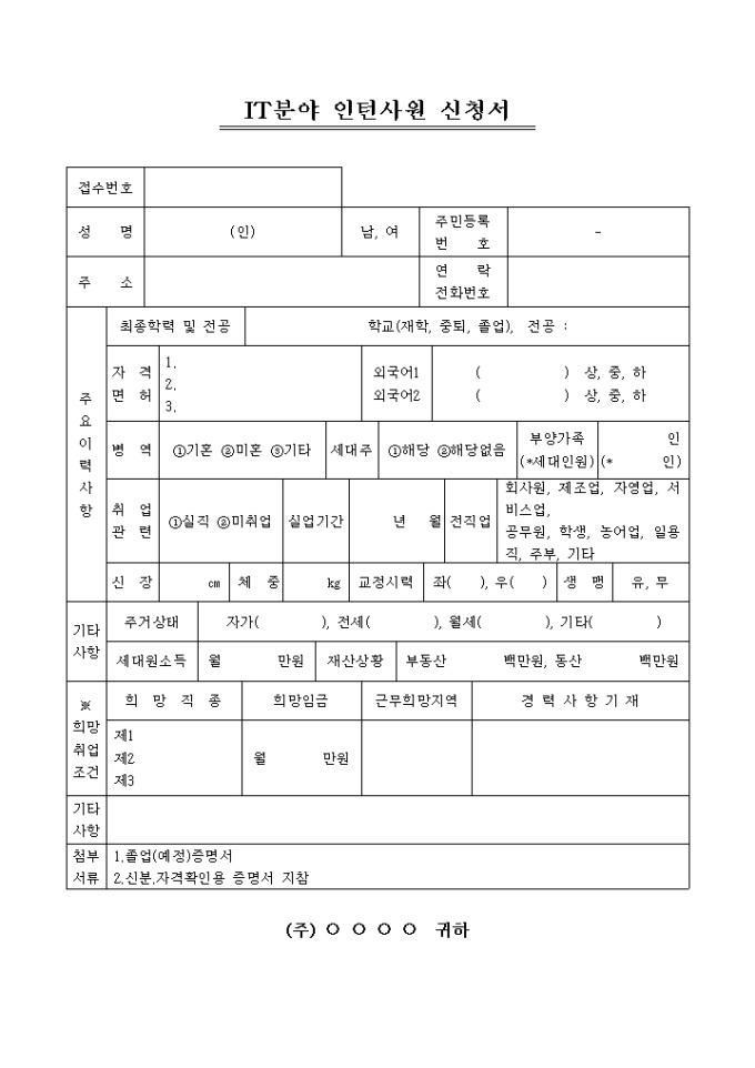 IT분야 인턴사원 신청서 미리보기