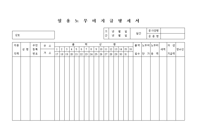 일용노무비 지급명세서 미리보기