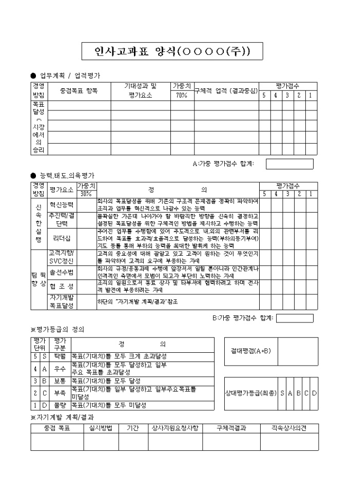 인사고과표 양식 미리보기