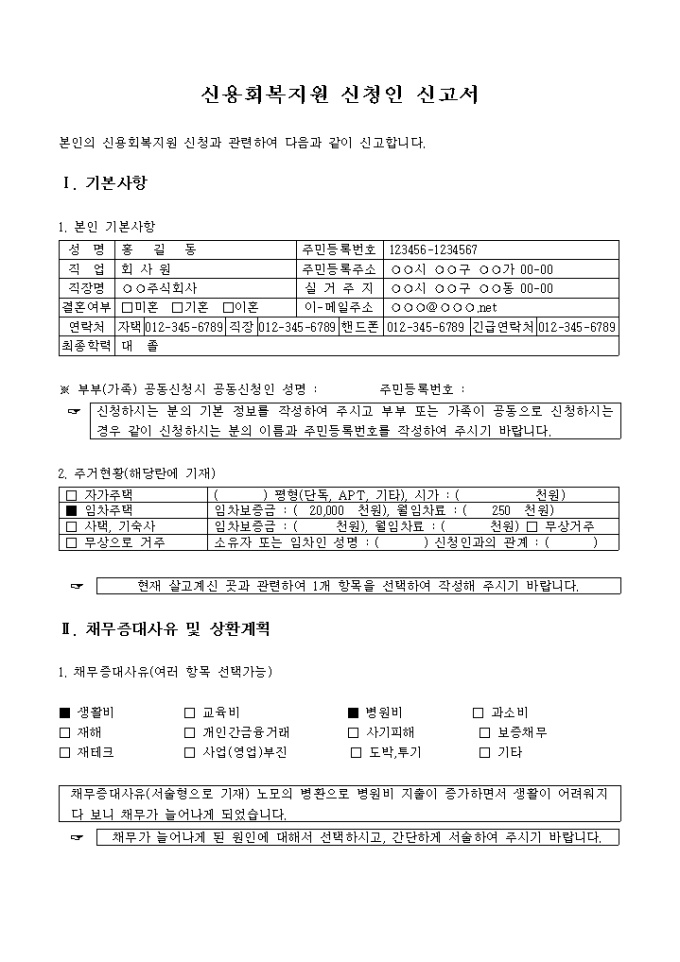 신용회복지원 신청인 신고서 미리보기
