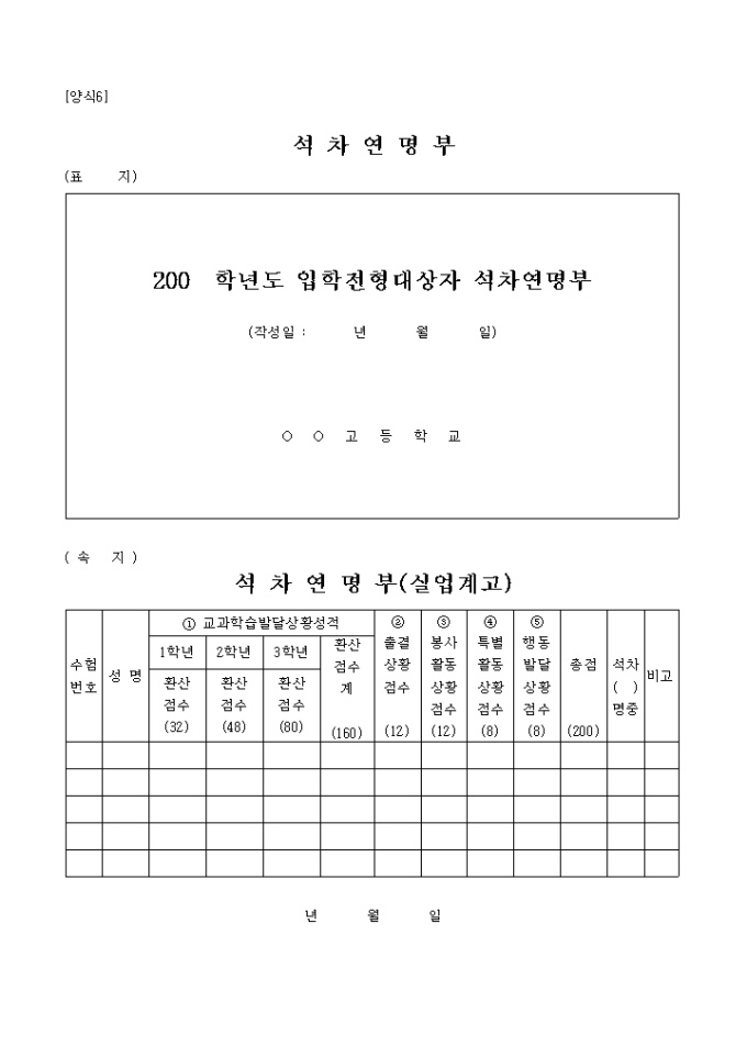입학전형대상자 석차명부(고등학교) 미리보기