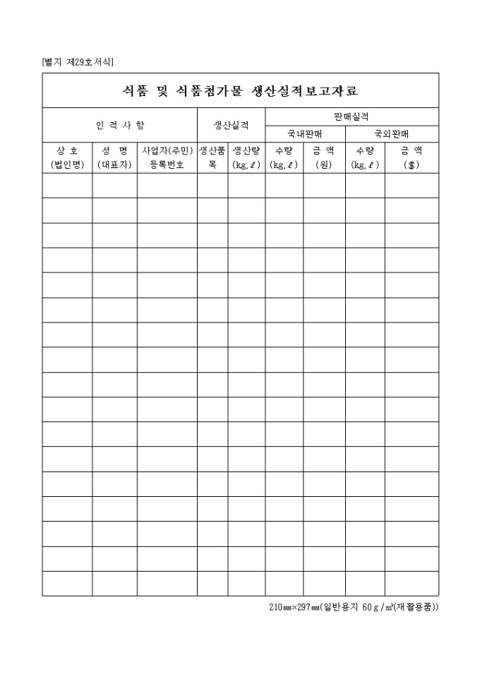 식품 및 식품첨가물생산실적보고자료(04.01.12(별지 제29호서식) 미리보기