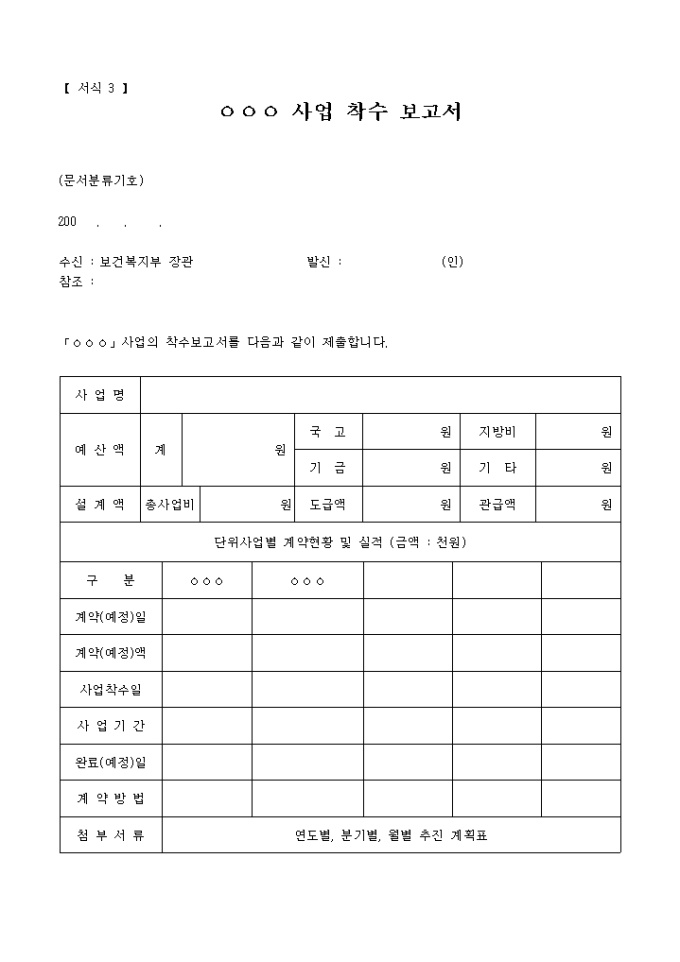 사업 착수 보고서(복권기금사업집행)(서식3) 미리보기