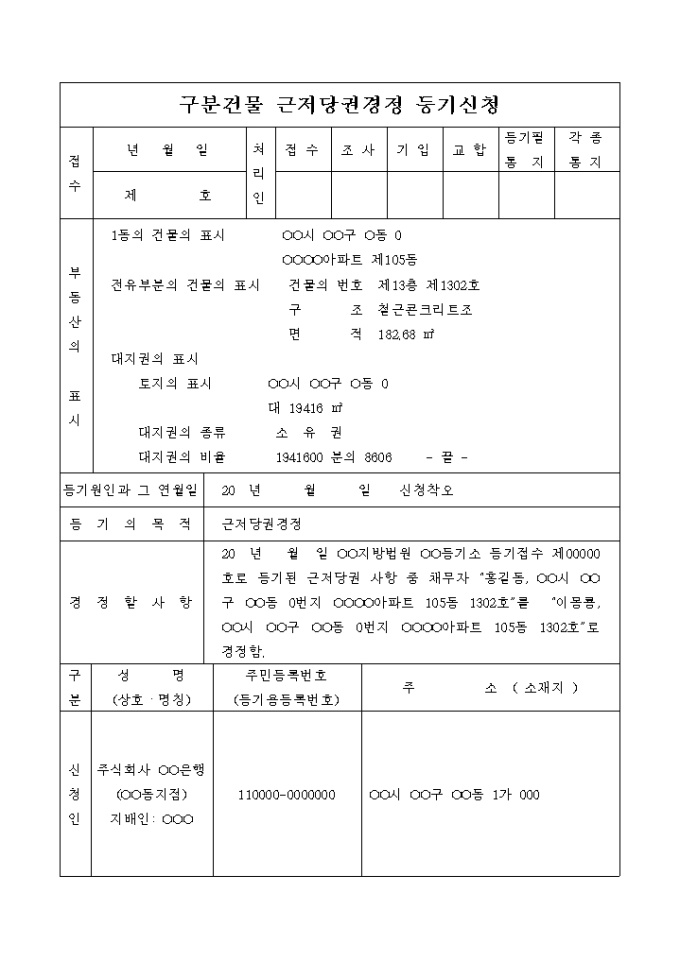 구분건물 근저당권 경정(채무자성명 착오)등기 신청서 미리보기