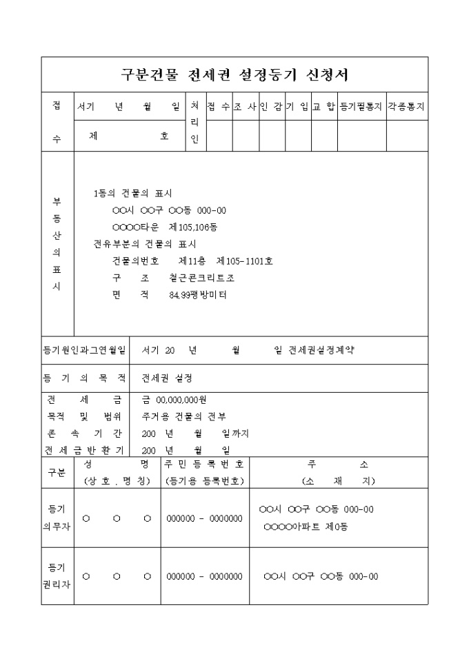 구분건물 전세권 설정등기 신청서(전세권 설정계약) 미리보기
