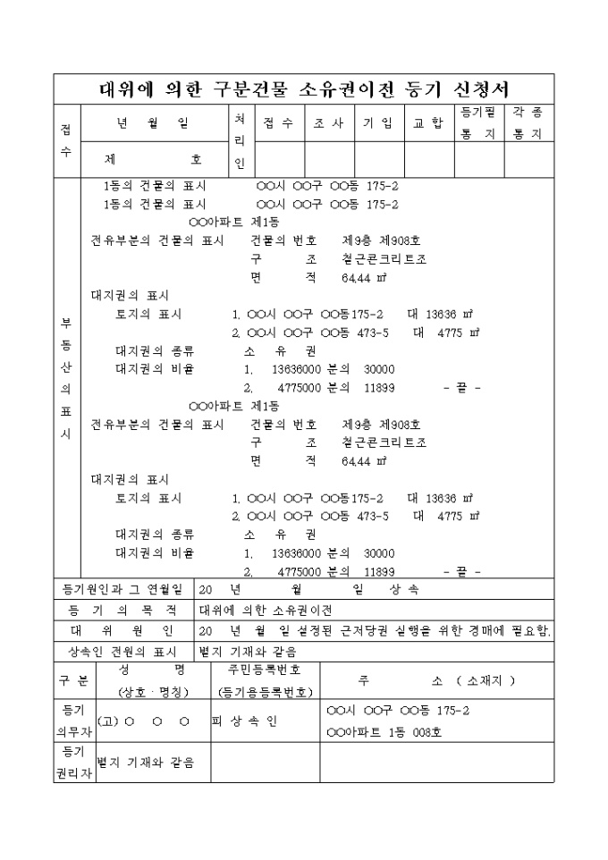 대위에 의한 구분건물 소유권이전 등기 신청서(상속) 미리보기