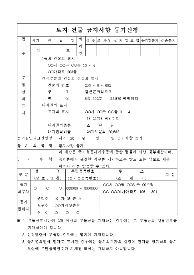 토지 건물 금지사항 등기신청 미리보기