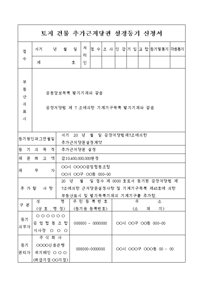 토지 건물 추가근저당권 설정등기 신청서 미리보기