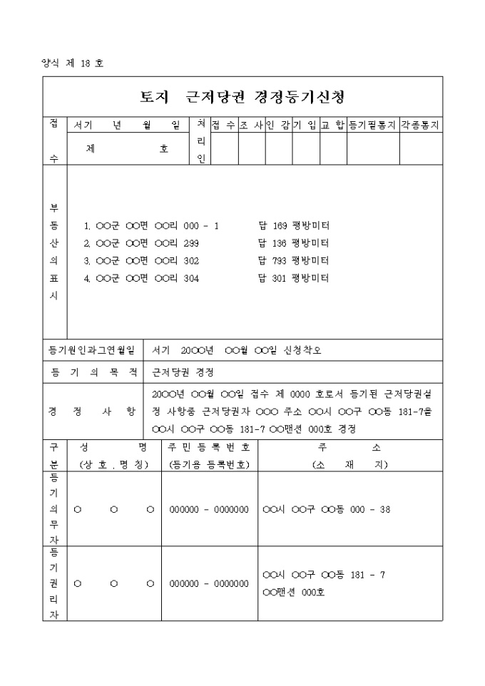 토지 근저당권경정 등기 신청서(주소착오) 미리보기