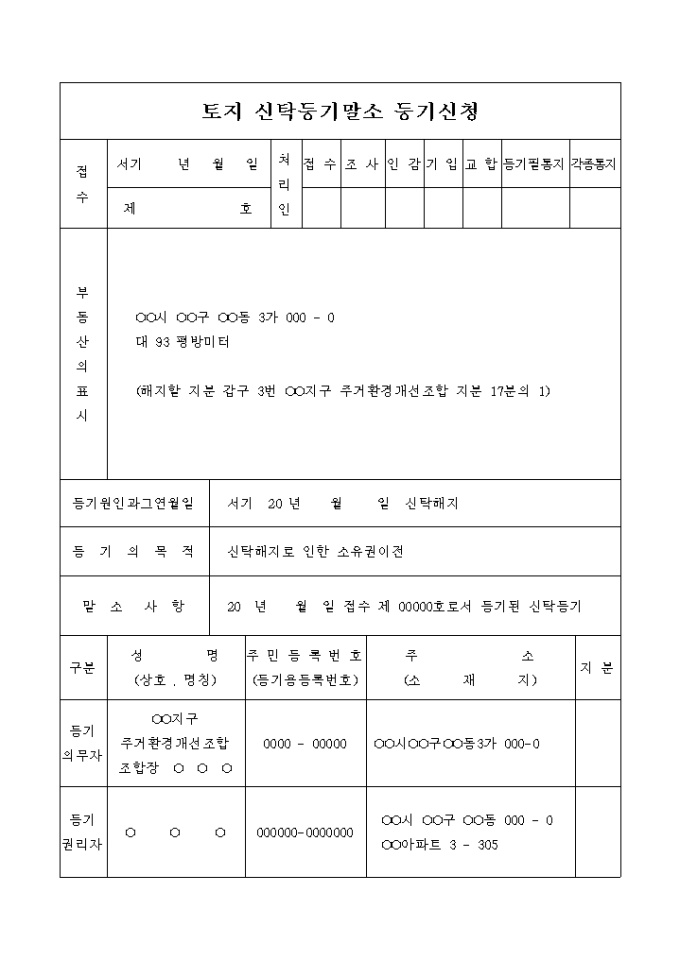 토지 신탁등기말소 등기신청(신탁해지) 미리보기