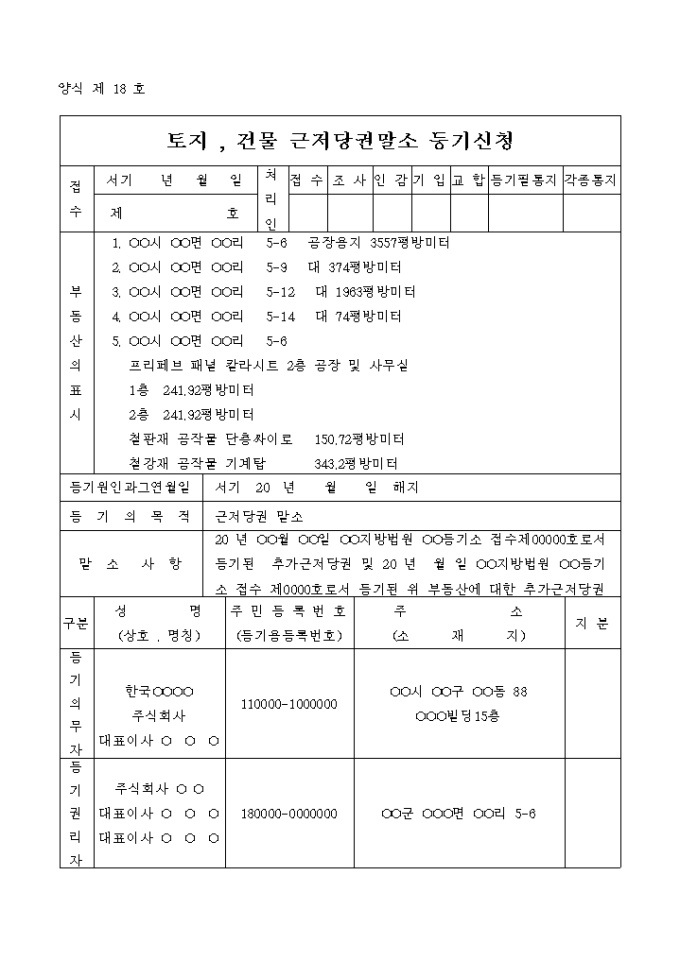 토지, 건물 근저당권말소 등기신청(해지를 이유로) 미리보기