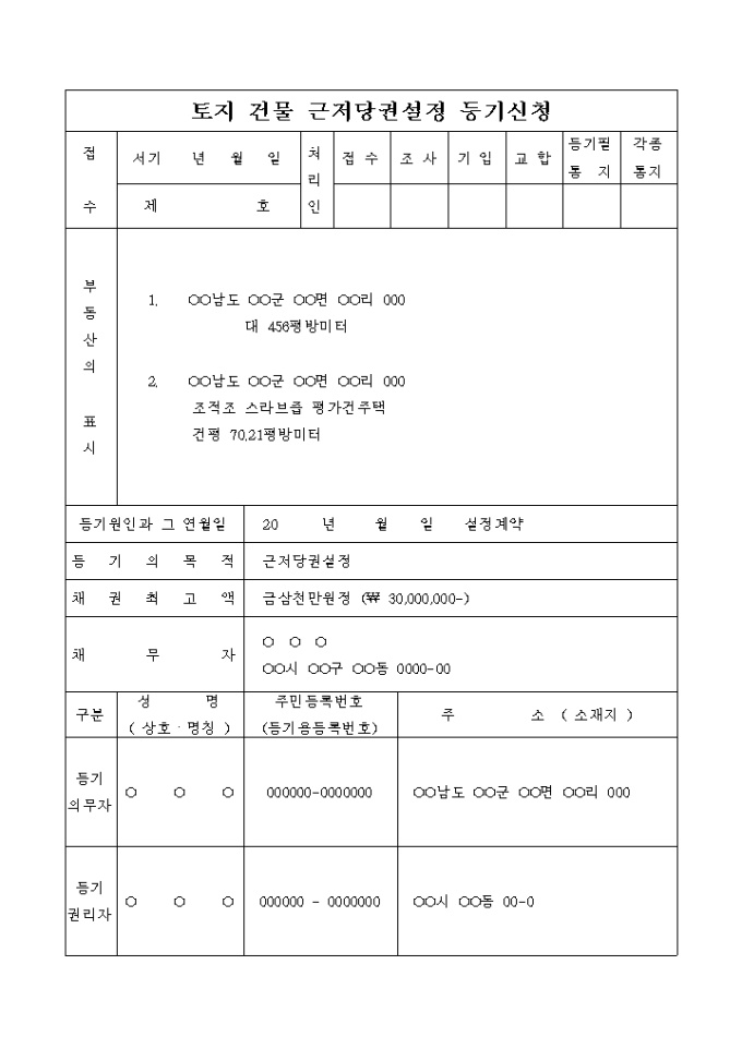 토지건물 근저당권 설정등기 신청서(설정계약) 미리보기